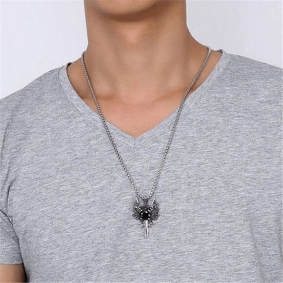 STAINLESS STEEL BLACK DIAMOND TWIN DRAGON CROSS SWORD NECKLACE - Picture 7 of 7